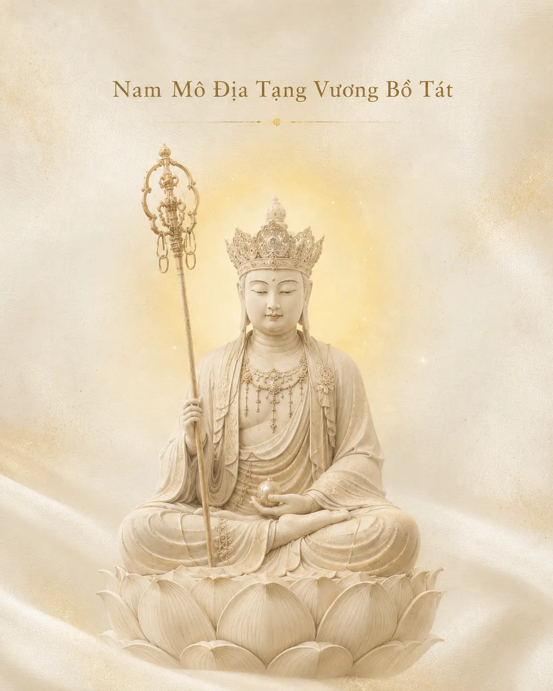 Crowned Kṣitigarbha Bodhisattva seated on a lotus pedestal holding a ringed staff, against softly draped cream silk in warm golden light.