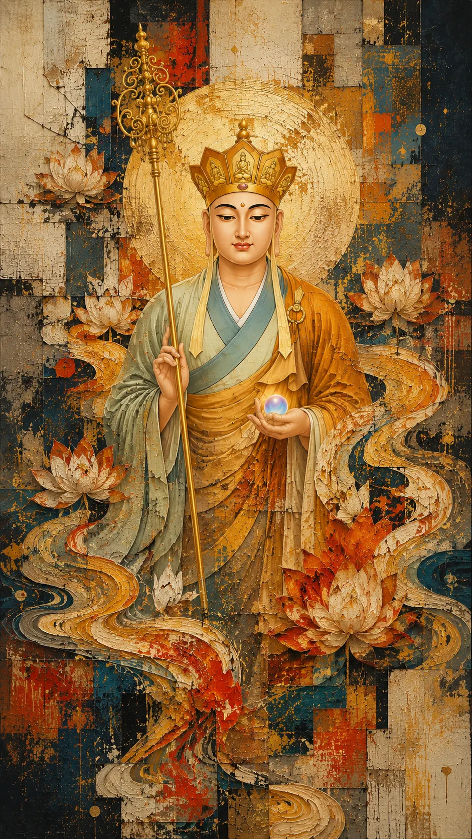 Crowned Kṣitigarbha Bodhisattva standing holding a ringed staff and a jewel, before a textured patchwork of rust, gold and indigo panels with lotus flowers.