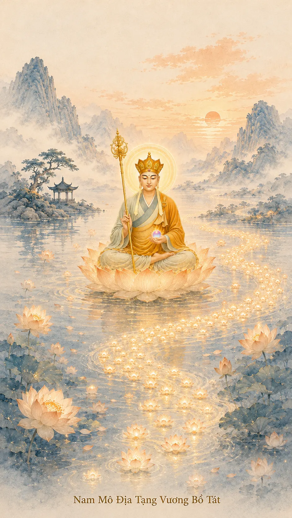 Crowned Kṣitigarbha Bodhisattva seated on a lotus on a calm lake, holding a ringed staff and a jewel, with a winding trail of floating lights and lotus flowers.