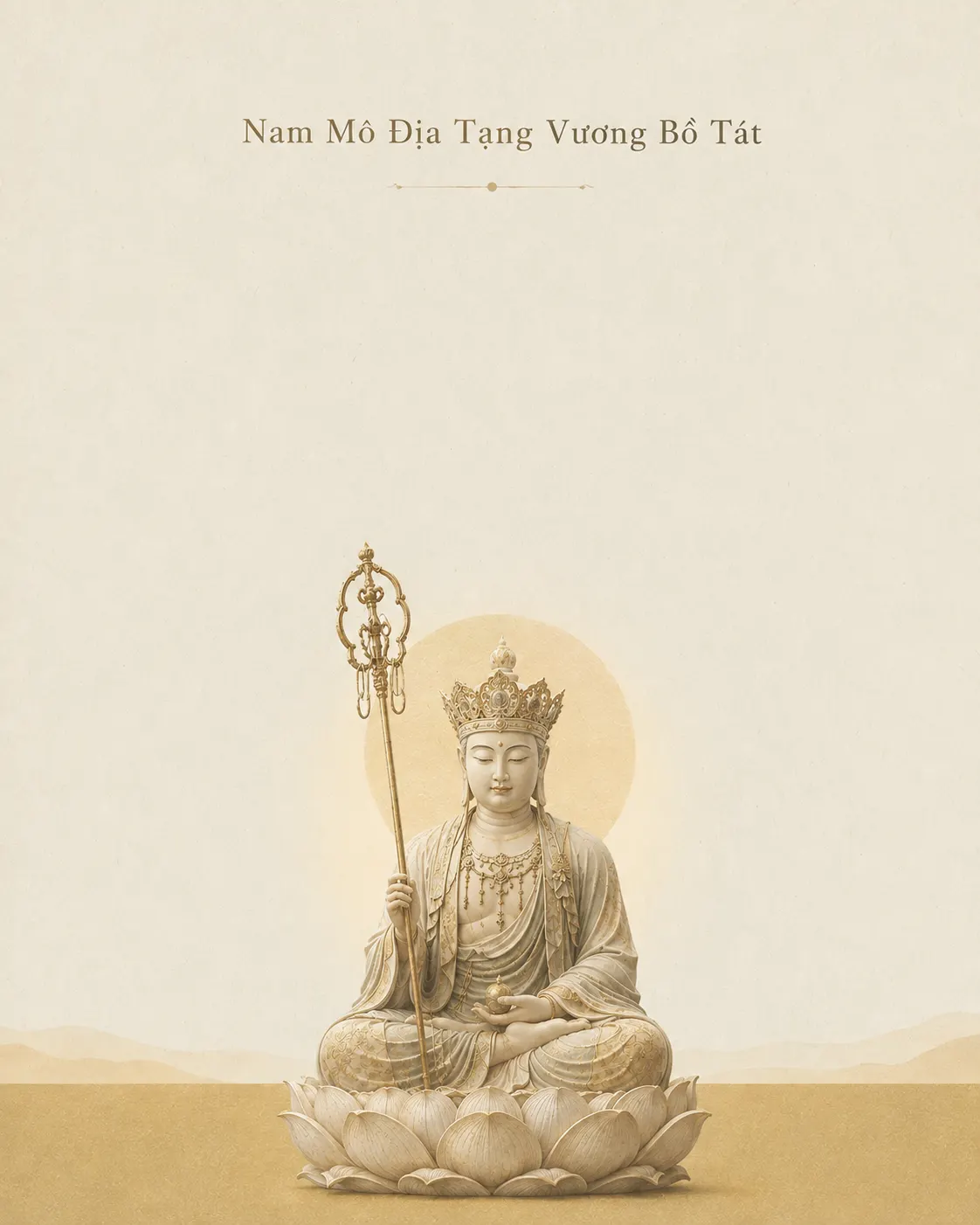 Crowned Kṣitigarbha Bodhisattva seated on a lotus holding a ringed staff, small against a pale rising sun and an empty sand-coloured horizon.