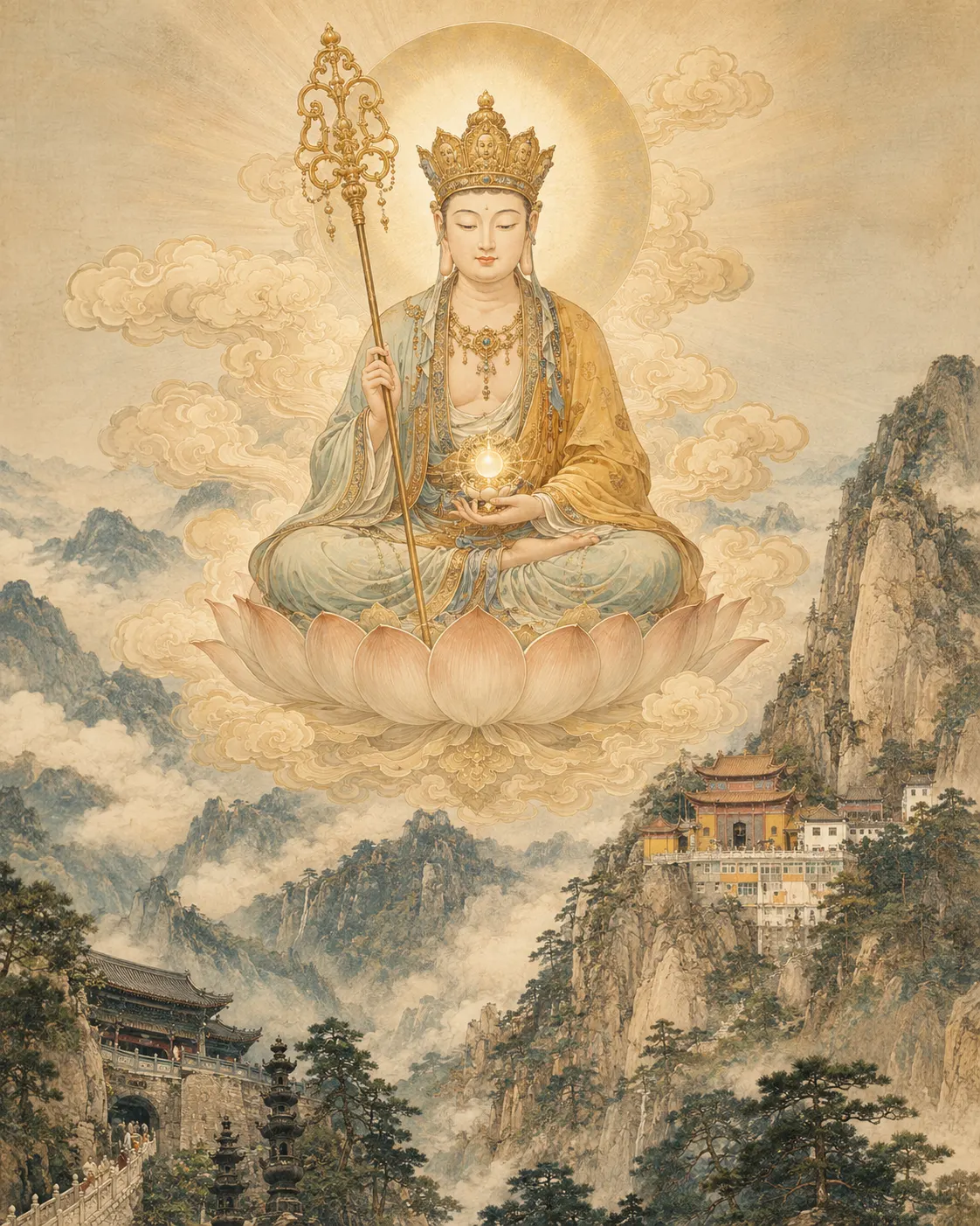 Crowned Kṣitigarbha Bodhisattva seated on a lotus above banks of cloud, holding a ringed staff and a glowing jewel, with a mountain monastery below.