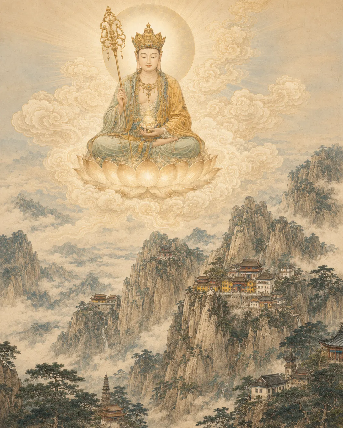 Crowned Kṣitigarbha Bodhisattva seated on a lotus on clouds, holding a ringed staff and a jewel, high above a cliffside monastery and wooded ridges.