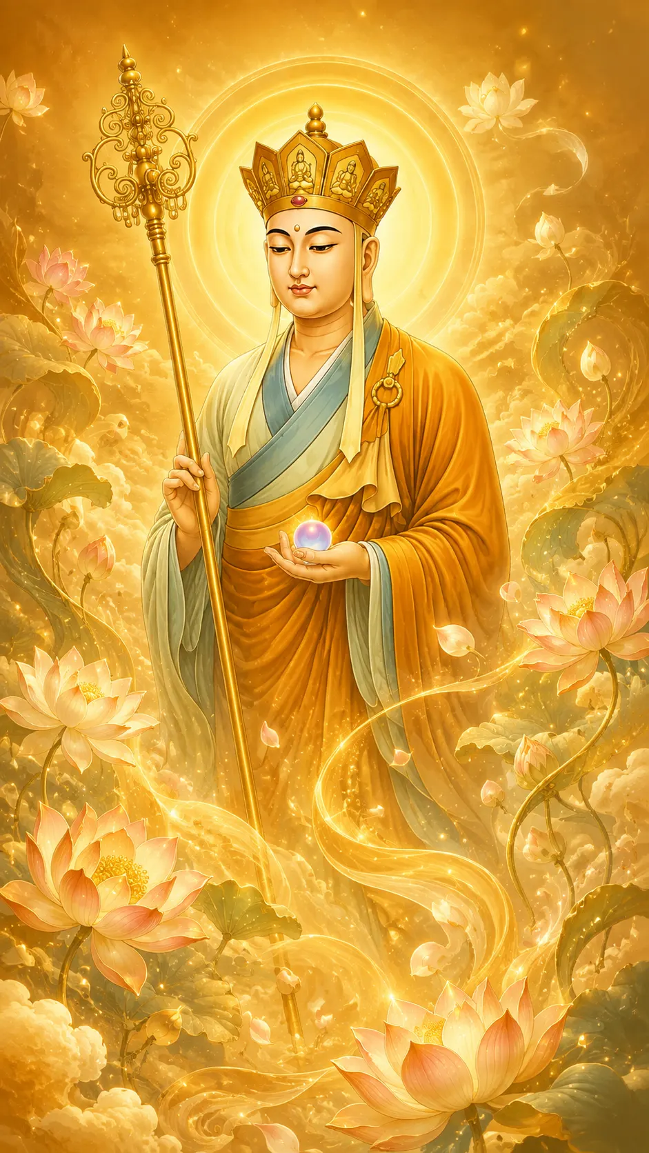 Crowned Kṣitigarbha Bodhisattva standing in saffron robes holding a ringed staff and a violet jewel, surrounded by pink lotuses in golden light.