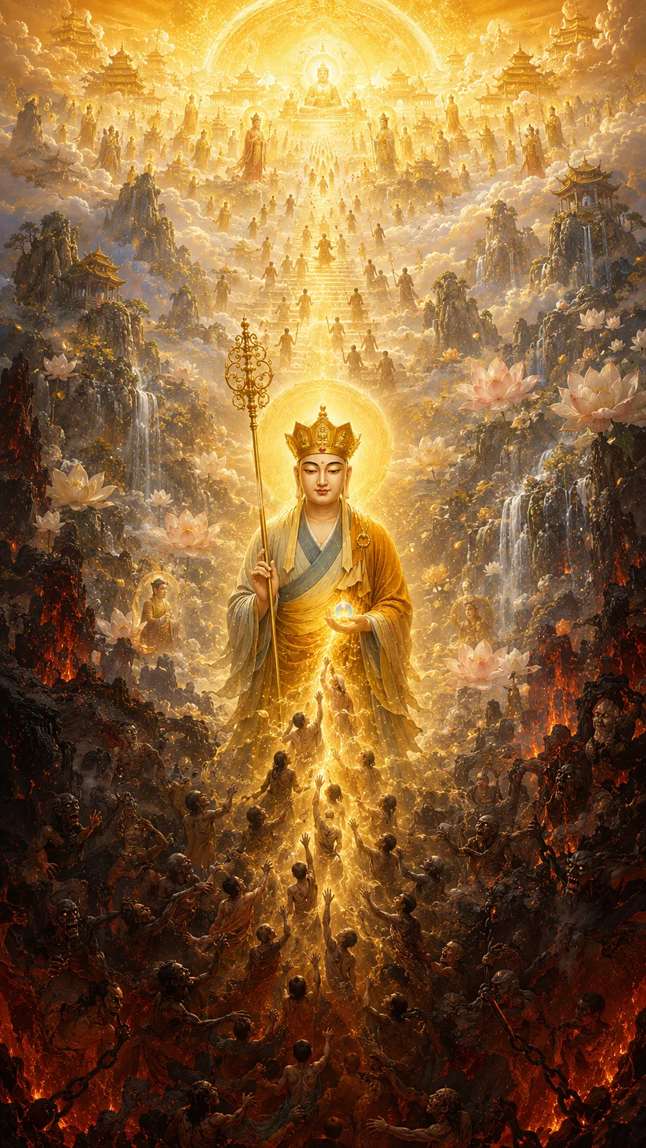 Crowned Kṣitigarbha Bodhisattva descending on a column of golden light, holding a ringed staff and a jewel, with figures reaching up from dark fiery depths and celestial palaces in the clouds above.