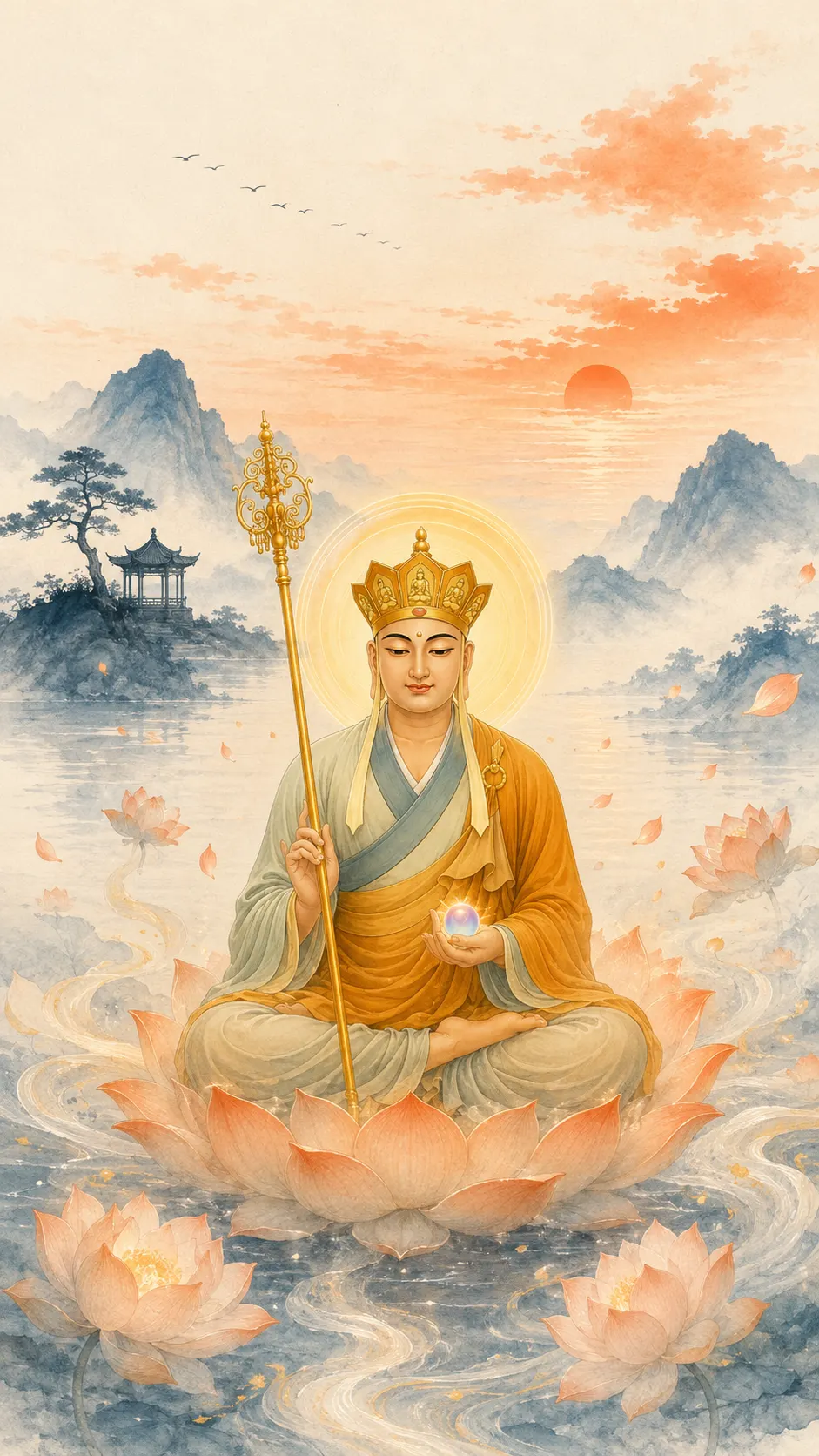 Crowned Kṣitigarbha Bodhisattva seated on a wide lotus on water, holding a ringed staff and a jewel, with a line of geese, blue hills and a setting red sun.
