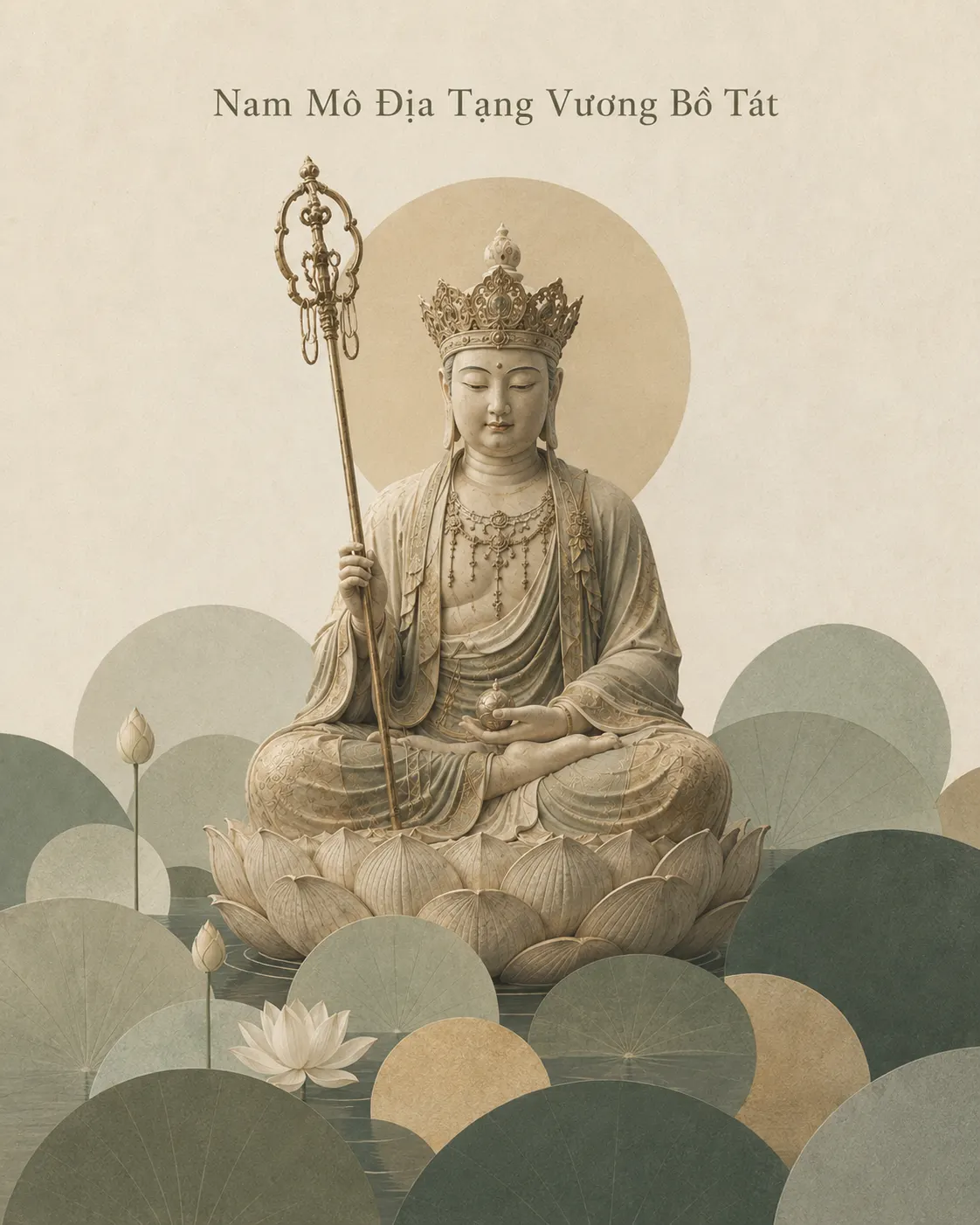 Crowned Kṣitigarbha Bodhisattva seated on a lotus above a stylised pond of round sage-green and grey lily pads with a white lotus flower.
