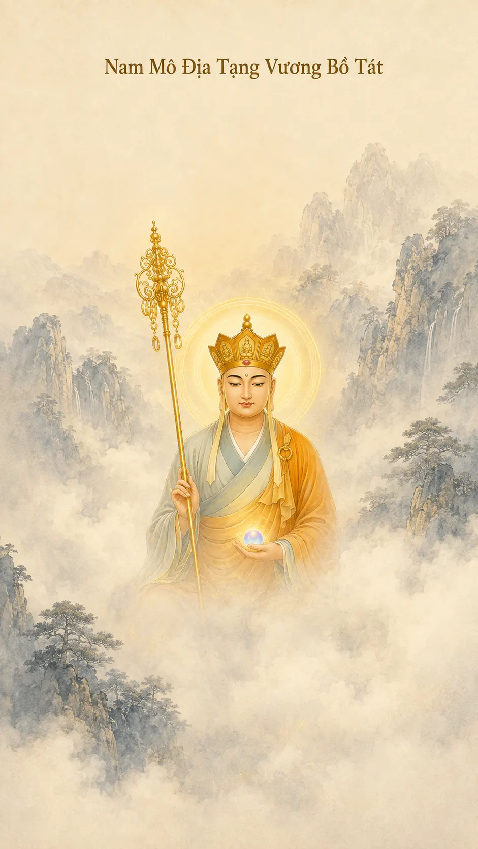 Crowned Kṣitigarbha Bodhisattva standing among clouds holding a ringed staff and a glowing jewel, with misty wooded peaks on both sides.