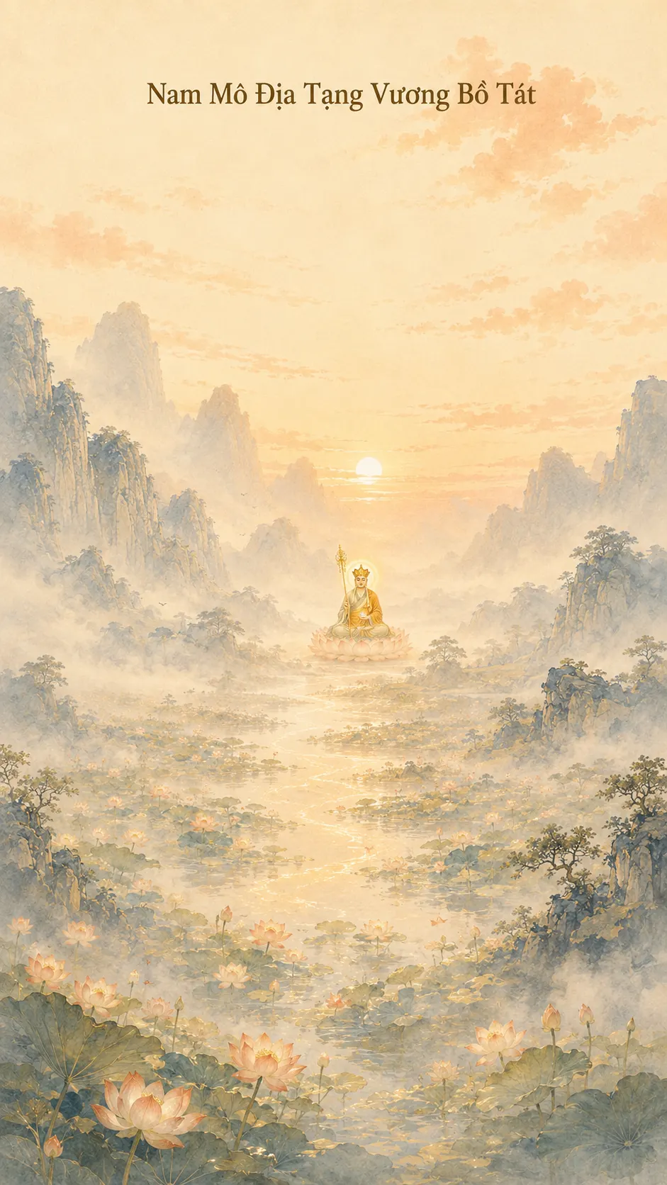 Broad misty valley at sunrise with a small glowing figure of Kṣitigarbha Bodhisattva seated at the centre, wooded hills on both sides and lotus flowers in the foreground.