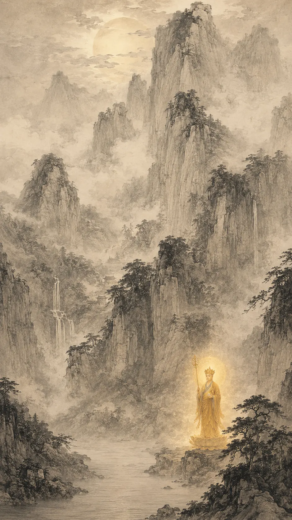 Ink-wash mountain landscape with waterfalls and pines under a pale moon, a small glowing figure of Kṣitigarbha Bodhisattva standing at the lower right.