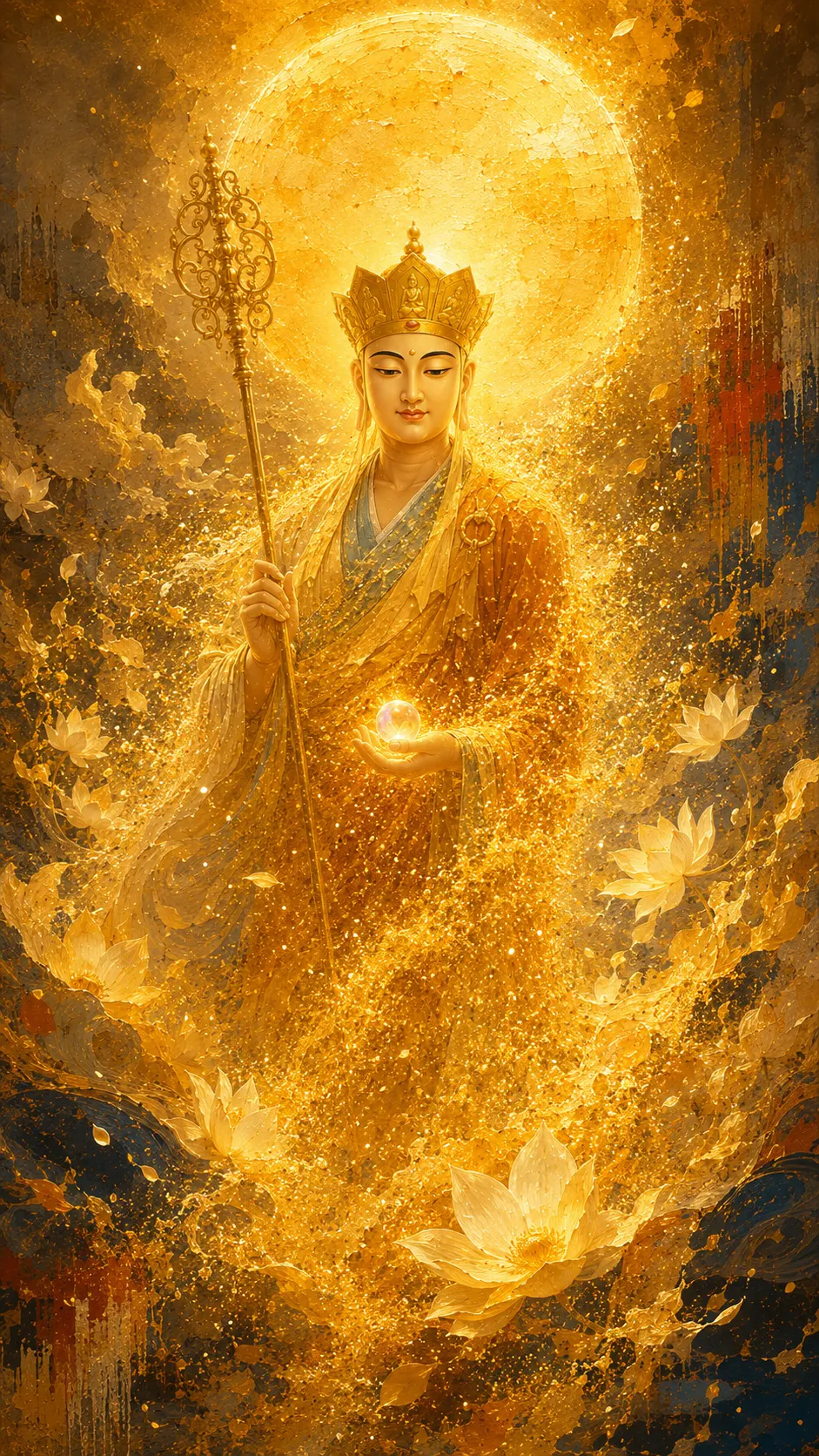 Crowned Kṣitigarbha Bodhisattva standing before a large golden disc, holding a ringed staff and a glowing jewel, painted in thick gold impasto on a dark ground.