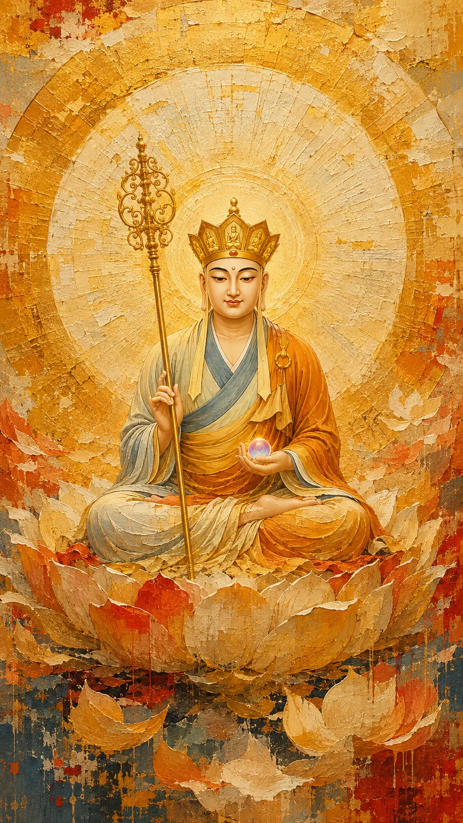 Crowned Kṣitigarbha Bodhisattva seated on a lotus holding a ringed staff and a jewel, before a broad radiating halo in thick gold and red paint.