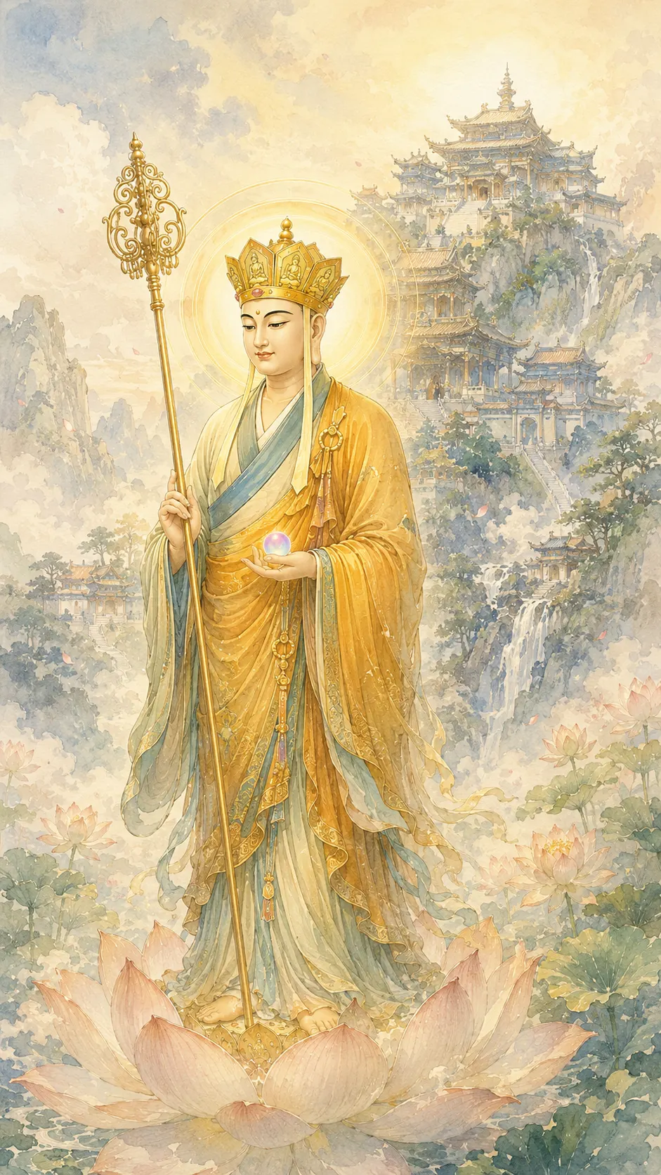 Crowned Kṣitigarbha Bodhisattva standing on a lotus holding a ringed staff and a jewel, in a watercolour landscape with a hillside temple and a waterfall.