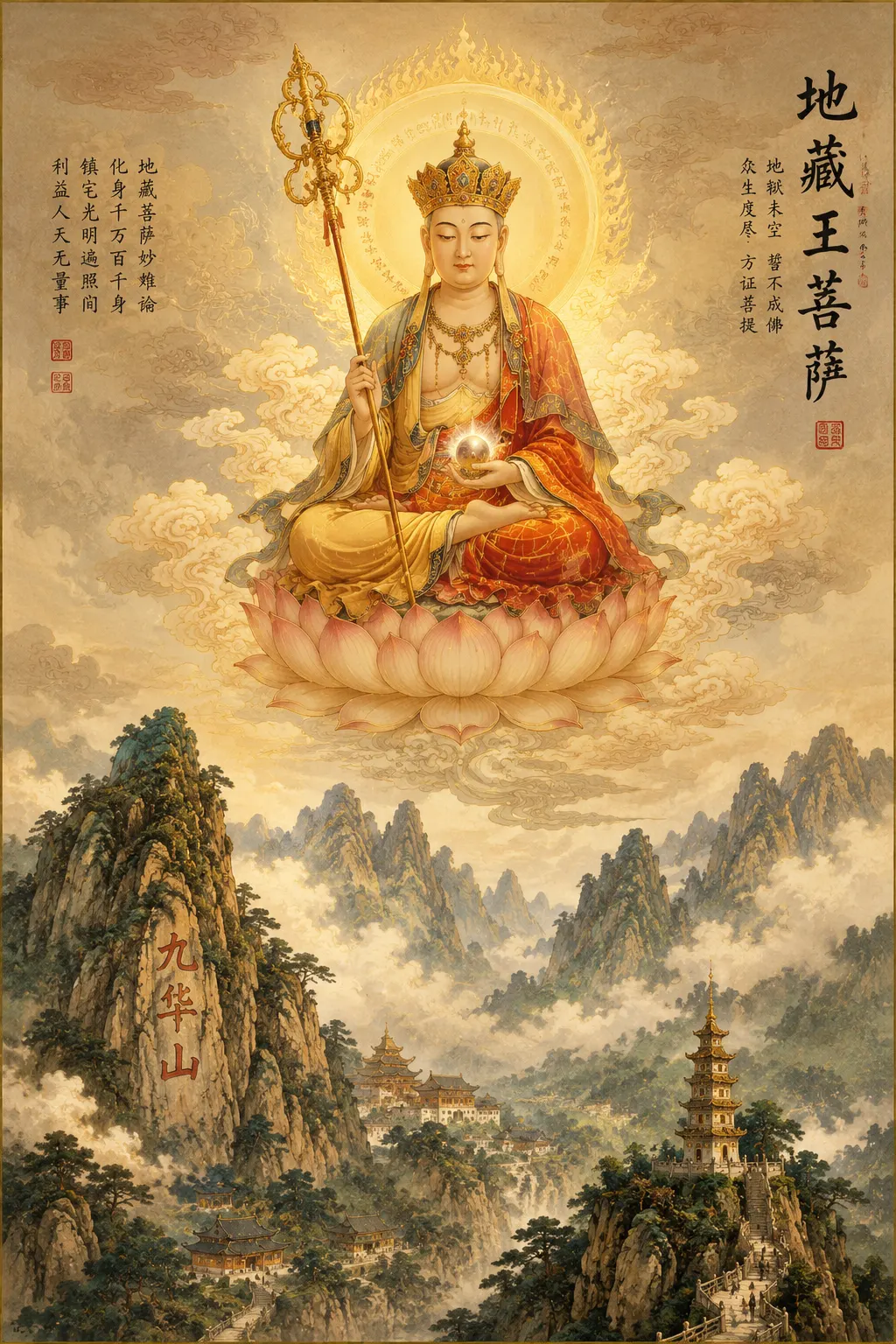 Crowned Kṣitigarbha Bodhisattva seated on a lotus above mist-covered peaks with temples and a pagoda, Chinese calligraphy reading 地藏王菩薩 at the upper right.