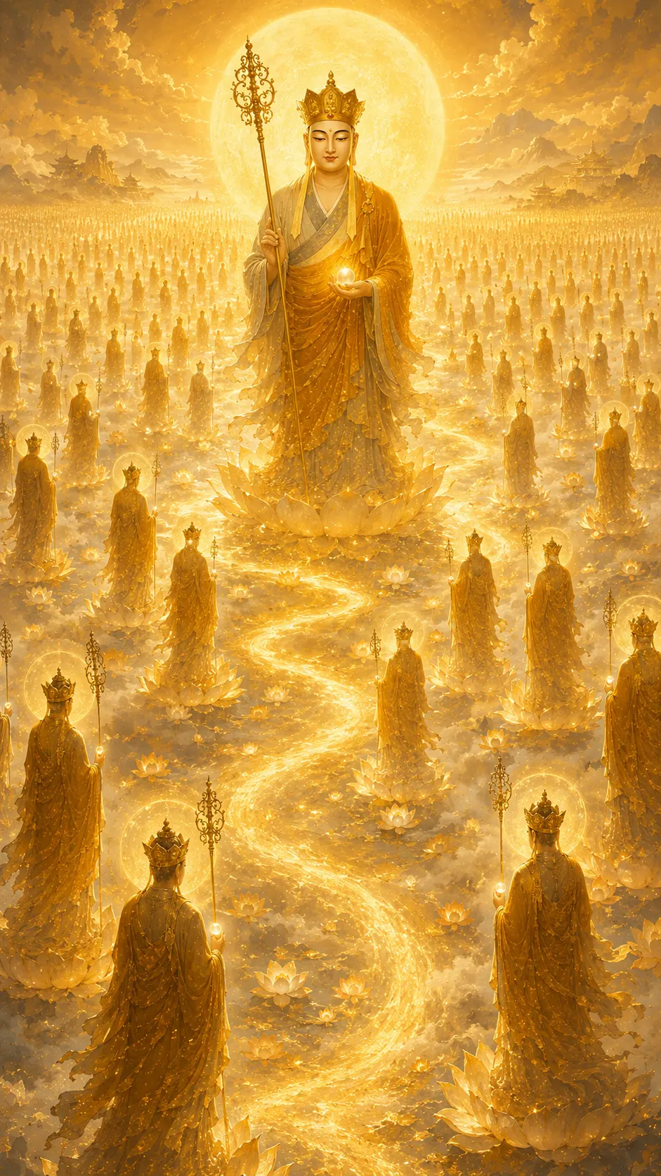 Crowned Kṣitigarbha Bodhisattva standing on a glowing path holding a ringed staff and a jewel, with countless golden figures receding into the distance.