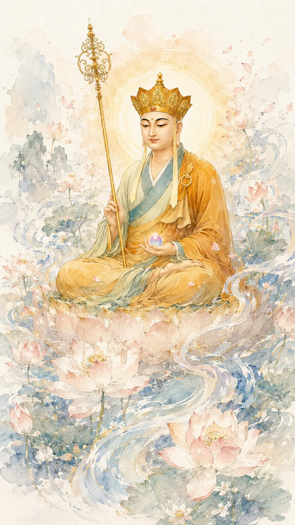 Crowned Kṣitigarbha Bodhisattva seated on a lotus holding a ringed staff and a jewel, in soft watercolour among pale pink lotus flowers.