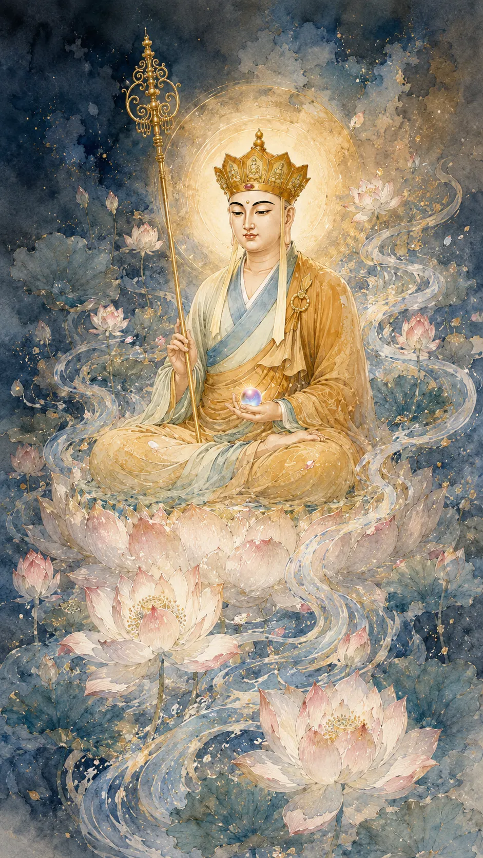 Crowned Kṣitigarbha Bodhisattva seated on a lotus holding a ringed staff and a jewel, against dark indigo water with pale lotus flowers and gold flecks.