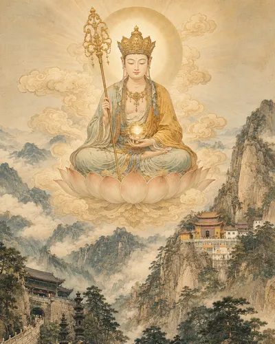 Crowned Kṣitigarbha Bodhisattva seated on a lotus above banks of cloud, holding a ringed staff and a glowing jewel, with a mountain monastery below.