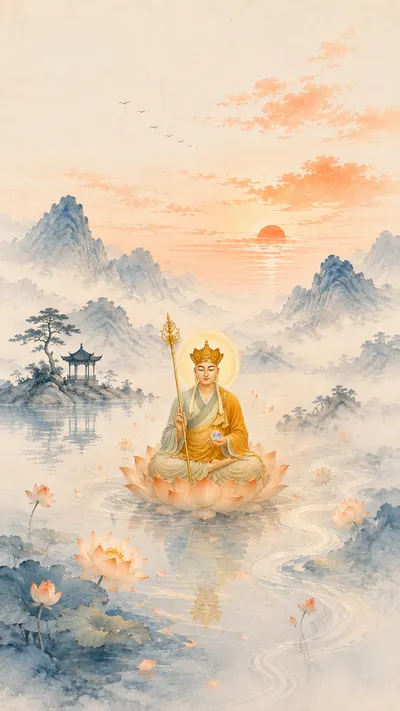 Crowned Kṣitigarbha Bodhisattva seated on a lotus on calm water, holding a ringed staff and a jewel, with blue ink-wash mountains, a pavilion and a setting sun.