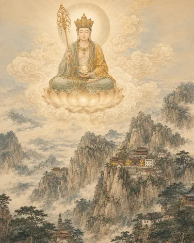 Crowned Kṣitigarbha Bodhisattva seated on a lotus on clouds, holding a ringed staff and a jewel, high above a cliffside monastery and wooded ridges.