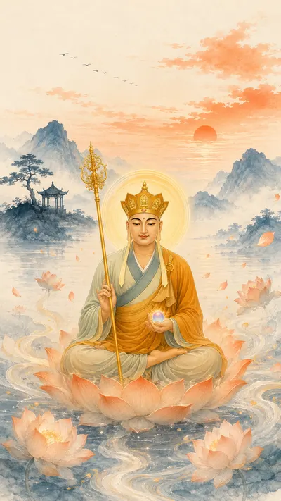 Crowned Kṣitigarbha Bodhisattva seated on a wide lotus on water, holding a ringed staff and a jewel, with a line of geese, blue hills and a setting red sun.