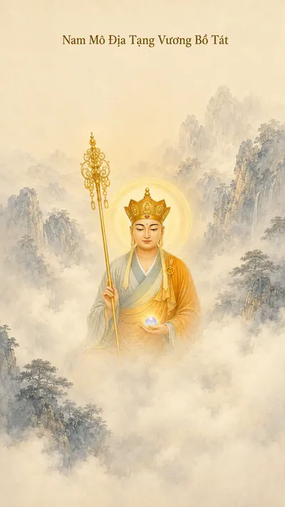 Crowned Kṣitigarbha Bodhisattva standing among clouds holding a ringed staff and a glowing jewel, with misty wooded peaks on both sides.