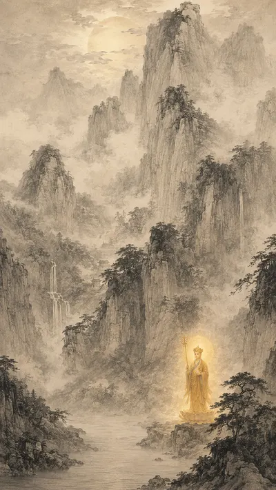 Ink-wash mountain landscape with waterfalls and pines under a pale moon, a small glowing figure of Kṣitigarbha Bodhisattva standing at the lower right.