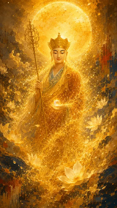 Crowned Kṣitigarbha Bodhisattva standing before a large golden disc, holding a ringed staff and a glowing jewel, painted in thick gold impasto on a dark ground.