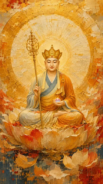 Crowned Kṣitigarbha Bodhisattva seated on a lotus holding a ringed staff and a jewel, before a broad radiating halo in thick gold and red paint.