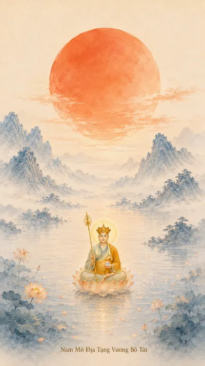 Large red sun above misty blue mountains, with a small crowned figure of Kṣitigarbha Bodhisattva seated on a lotus on the water beneath.