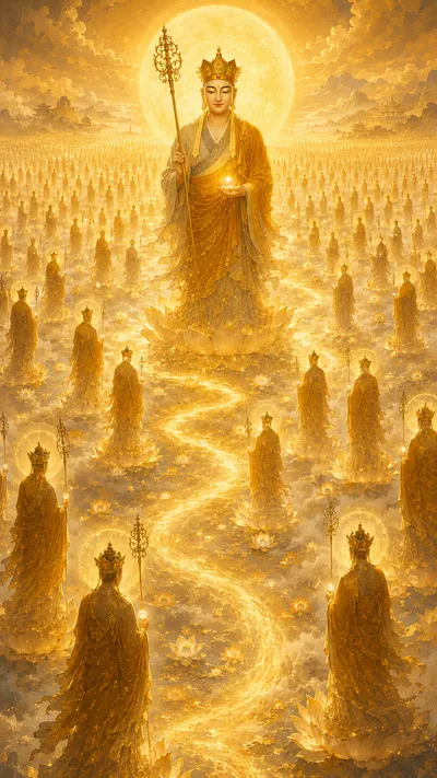 Crowned Kṣitigarbha Bodhisattva standing on a glowing path holding a ringed staff and a jewel, with countless golden figures receding into the distance.